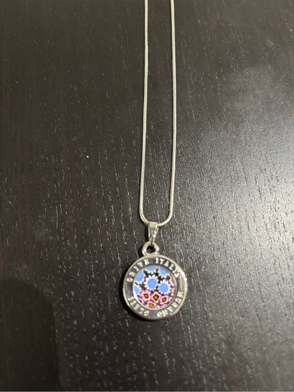 Authentic Murano Glass Floral Enamel Pendant Necklace in Blue and Pink